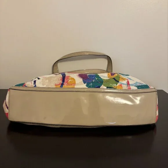 Coach Poppy Colorful Signature Canvas Hallie East/West Taupe Patent Leather Tote - Picture 10 of 14